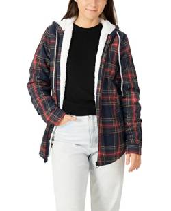 ZENTHACE Damen Karierte Flanellhemden mit Kapuze,Flanell Jacke für Frauen,Flanell-Hoodie mit Reißverschluss Rot/Blau M von ZENTHACE