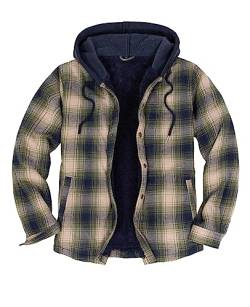 ZENTHACE Herren-Flanell-Hemdjacke mit Sherpa-Futter, Druckknopfleiste, kariert, Jacke mit Kapuze, Teegrün, S von ZENTHACE