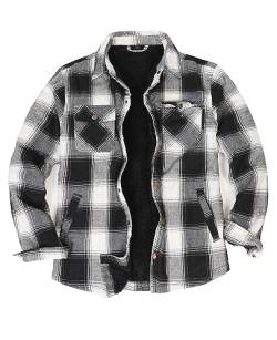 ZENTHACE Herren Sherpa gefüttert Flanell Jacke Fleece gefüttert Cpo Overshirt lässig Arbeit Plaid Flanelle Outdoor Blk-Weiß 3XL von ZENTHACE