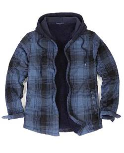 ZENTHACE Herren Sherpa gefütterte Flanellhemd-Jacke, Druckknopf-Down-Jacke, Shacket mit Kapuze, Marineblau, L von ZENTHACE