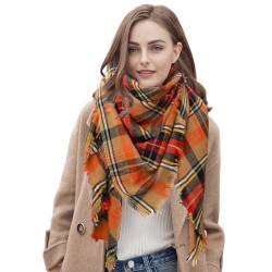 Damen Schal, Warm Weich Strickschal, Karo Winterschal Herbstschal Wolleschal Frauen Deckenschal Halstuch Scarf Poncho Cape Orange von ZENUTA