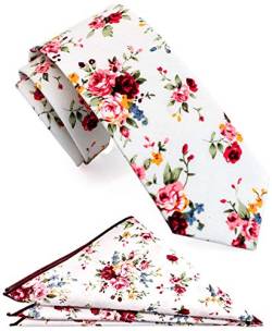 ZENXUS Herren-Krawatte, schmal, Blumenmuster, mit Einstecktuch, 6,3 cm, Baumwolle, handgefertigt, Weiß/Rosa, Narrow von ZENXUS