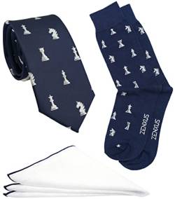 ZENXUS Marineblaue Krawatte, Einstecktuch, Socken Set für Herren, Schach, Medium von ZENXUS