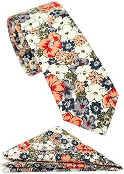Zenxus Herren-Krawatte-Set mit Blumen-Einstecktuch, 6,3 cm, Baumwolle, handgefertigt, Orange Stiefmütterchen, Dünn von ZENXUS