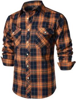 ZEROYAA Herren Casual Regular Fit Button Up Flanell Kariert Plaid Hemden mit Taschen, Orange, Groß von ZEROYAA