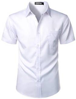 ZEROYAA Herren Casual Urban Stylish Slim Fit Kurzarm Knopfleiste Kleid Hemd mit Tasche - Weiß - X-Groß von ZEROYAA