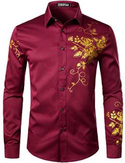 ZEROYAA Herren Hipster Rose Floral Printed Slim Fit Langarm Button Up Party Kleid Shirts, Burgunder, Mittel von ZEROYAA