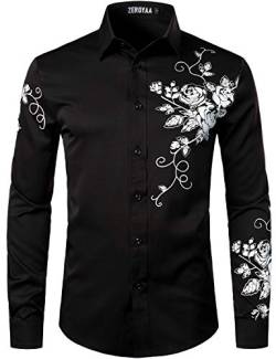 ZEROYAA Herren Hipster Rose Floral Printed Slim Fit Langarm Button Up Party Kleid Shirts, Schwarz Weiß, Mittel von ZEROYAA