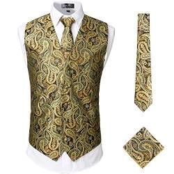 ZEROYAA Herren Klassische 3pc Jacquard Paisley-Weste-Set Krawatte Einstecktuch Weste für Anzug oder Smoking klein zlsv08-gold von ZEROYAA