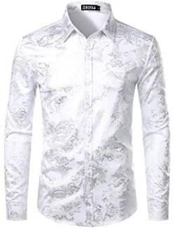 ZEROYAA Herren Luxus Paisley Gold Glänzend Bedruckt Stilvoll Slim Fit Button Down Kleid Shirt, Zlcl18-white silver, XL von ZEROYAA