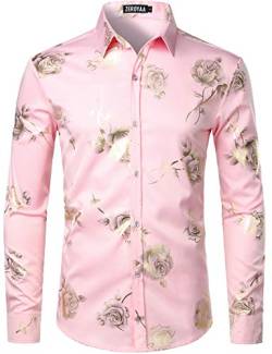 ZEROYAA Herren Nachtclub Glänzend Golden 3D Rose Gedruckt Slim Fit Button Down Party Kleid Shirt, Zzcl22-pink, Klein von ZEROYAA