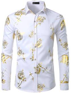 ZEROYAA Herren Nachtclub Glänzend Golden 3D Rose Gedruckt Slim Fit Button Down Party Kleid Shirt, Zzcl22-weiß, L von ZEROYAA