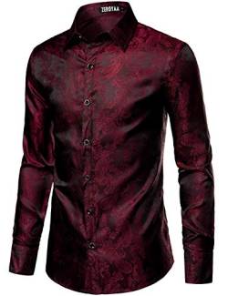 ZEROYAA Herren Paisley Jacquard Slim Fit Langarm Knopfleiste Hemd für Party Abschlussball - Rot - Klein von ZEROYAA