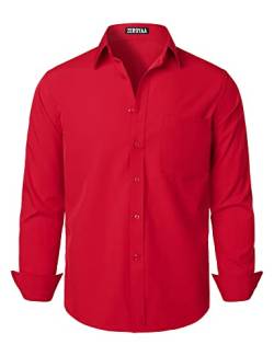 ZEROYAA Herren Regular Fit Kleid Hemd Solid Faltenfrei Langarm Casual Business Button Up Shirts mit Tasche, Feuerrot, XL von ZEROYAA