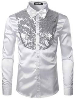 Zeroyaa Herren Glänzende Pailletten Design Seide wie Satin Knopfleiste Disco Party Kleid Hemden mit Fliege - Weiß - Klein von ZEROYAA
