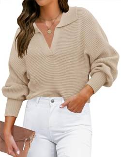 ZESICA Damen 2023 Herbst Reverskragen V Ausschnitt Langarm Rippstrick Bequem Lose Casual Pullover Pullover Top, Haferflocken (Oatmeal), Mittel von ZESICA