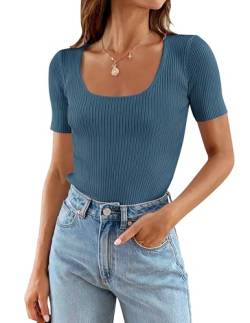 ZESICA Damen 2023 Kurzarm Square Neck T-Shirts Slim Fitted Sommer Rippstrick Basic Casual Tee Tops, Blau dunkel, Groß von ZESICA