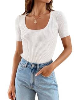 ZESICA Damen 2023 Kurzarm Square Neck T-Shirts Slim Fitted Sommer Rippstrick Basic Casual Tee Tops, Weiss/opulenter Garten, Groß von ZESICA