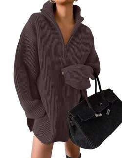 ZESICA Damen 2023 Langarm Mini Pullover Kleid Herbst Viertel Reißverschluss Rippstrick Oversized Pullover, Muskatnuss, Klein von ZESICA