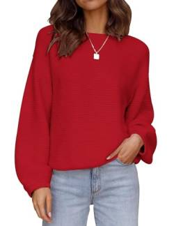 ZESICA Damen 2023 Rundhalsausschnitt Lange Laterne Ärmel Casual Lose Rippstrick Solide Weiche Pullover Pullover Tops, Rot/Ausflug, einfarbig (Getaway Solids), Groß von ZESICA