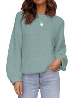 ZESICA Damen 2023 Rundhalsausschnitt Lange Laternenärmel Casual Lose Rippstrick Solide Weiche Pullover Sweater Tops, See, Groß von ZESICA