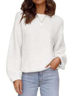 ZESICA Damen 2023 Rundhalsausschnitt Lange Laternenärmel Casual Lose Rippstrick Solide Weiche Pullover Sweater Tops, Weiss/opulenter Garten, Klein von ZESICA