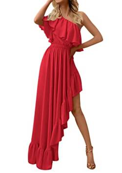 ZESICA Damen 2023 Sommer Boho One Shoulder Ärmellos Rüschen Asymmetrisch Hoch Tief Flowy Abschlussball Kleid Hochzeit Langes Kleid, Rot/Ausflug, einfarbig (Getaway Solids), Groß von ZESICA