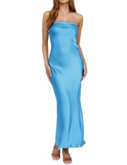 ZESICA Damen 2023 Sommer Satin Trägerloses Kleid Sexy Rückenfrei Bodycon Hochzeit Cocktail Party Maxi Kleider, Blau, Mittel von ZESICA