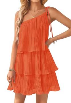 ZESICA Damen 2024 Boho Sommer Eine Schulter Ärmellos Rüschen Tiered Layered Chiffon Plissee A Linie Flowy Minikleid, Orange/Abendrot im Zickzackmuster (Sunset Chevron), Klein von ZESICA