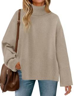 ZESICA Damen 2024 Herbst Pullover Rollkragen Langarm Oversized Split Hem Strick Tunika Pullover Tops, Haferflocken (Oatmeal), Mittel von ZESICA