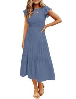 ZESICA Damen 2024 Sommer Casual Flattern Kurzarm Rundhalsausschnitt gesmokte elastische Taille gestuftes Midikleid, dusty blue, XX-Large von ZESICA