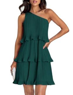 ZESICA Damen 2024 Sommer ärmelloses Minikleid Boho One Shoulder Rüschen gestuft geschichtet Chiffon fließende A-Linie Kleider, Dunkelgrün, Groß von ZESICA