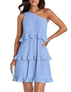 ZESICA Damen 2024 Sommer ärmelloses Minikleid Boho One Shoulder Rüschen gestuft geschichtet Chiffon fließende A-Linie Kleider, Hellblau, Mittel von ZESICA