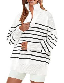 ZESICA Damen Gestreifter 1/4 Reißverschluss Pullover 2023 Langarm Rippstrick Lose Oversized Chunky Pullover Pullover Pullover Tops, Weiss/opulenter Garten, Groß von ZESICA