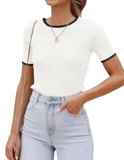 ZESICA Damen Kurzarm Rundhalsausschnitt Rippstrick Slim Fit T-Shirt 2023 Sommer Basic Casual Farbblock Tee Tops, Weiss/opulenter Garten, Mittel von ZESICA