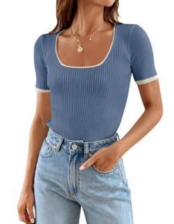 ZESICA Damen Kurzarm Square Neck T Shirt 2023 Sommer Slim Fit Rippstrick Farbblock Basic Tee Tops, Dustyblue, Mittel von ZESICA