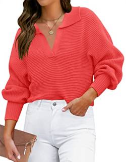 ZESICA Damen-Pullover mit Reverskragen, V-Ausschnitt, langärmelig, gerippt, bequem, locker, lässiger Pullover, Wassermelone, Klein von ZESICA
