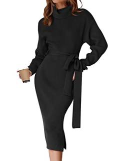 ZESICA Damen Rollkragenpullover Midikleid Langarm Rippstrick Bodycon Schlitz Kleid mit Gürtel, Schwarz, Klein von ZESICA