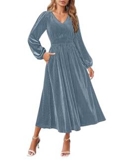 ZESICA Damen Samt Midi Kleid Casual V-Ausschnitt Langarm Einfarbig Elastische Hohe Taille Flowy Abend Party Kleider, Grau, Blau, Groß von ZESICA