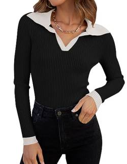 ZESICA Damen-Shirts 2024 Herbst V-Ausschnitt Langarm Rippstrick Pullover Revers Slim Fitted Casual Basic Tee Tops, Dimmbar, Klein von ZESICA