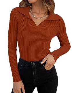 ZESICA Damen-Shirts 2024 Herbst V-Ausschnitt Langarm Rippstrick Pullover Revers Slim Fitted Casual Basic Tee Tops, Rost, Mittel von ZESICA