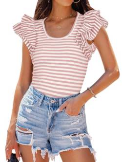 ZESICA Damen-T-Shirt 2024, Sommer, Rüschen, kurzärmelig, U-Ausschnitt, gestreift, eng anliegend, lässig, Basic-T-Shirt, Pink, Groß von ZESICA