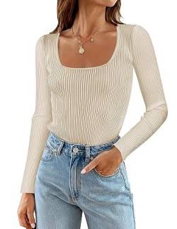 ZESICA Frauen 2023 Langarm Square Neck Shirts Herbst Kleidung Slim Fitted Rippstrick Pullover Casual Basic Tee Tops, Sand, Klein von ZESICA