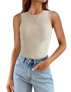 ZESICA Geripptes Damen-Tanktop, Sommer, ärmellos, hoher Ausschnitt, leger, schmale Passform, Basic-Strickhemden, Sand, Klein von ZESICA