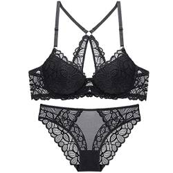 ZESLIV Damen BH Vorderverschluss mit Panty Set Schwarz 70A Push Up BH mit Bügel Frauen Spitzen Wohlfühl Bustier von ZESLIV