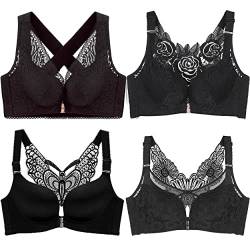 ZESLIV Damen BH Vorderverschluss ohne Bügel 100C Schwarz Push Up BH mit Schmetterlingsrückseite große größen Frauen Wohlfühl Bustier Spitzen Strass Bra von ZESLIV