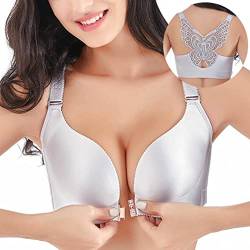 ZESLIV Damen BH Vorderverschluss ohne Bügel 100C Silber Push Up BH mit Schmetterlingsrückseite große größen Frauen Wohlfühl Bustier Spitzen Strass Bra von ZESLIV