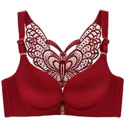 ZESLIV Damen BH Vorderverschluss ohne Bügel 100D Weinrot Push Up BH mit Schmetterlingsrückseite große größen Frauen Wohlfühl Bustier Spitzen Strass Bra von ZESLIV