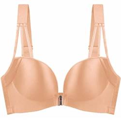 ZESLIV Damen BH Vorderverschluss ohne Bügel 115C Hautfarbe Push Up BH mit Verschluss vorne große größen Frauen Wohlfühl Bustier Strass Bra von ZESLIV