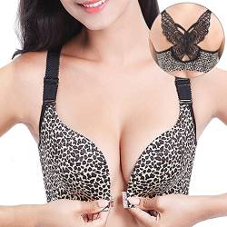 ZESLIV Damen BH Vorderverschluss ohne Bügel 80C Leopardenmuster Push Up BH mit Schmetterlingsrückseite große größen Frauen Wohlfühl Bustier Spitzen Strass Bra von ZESLIV